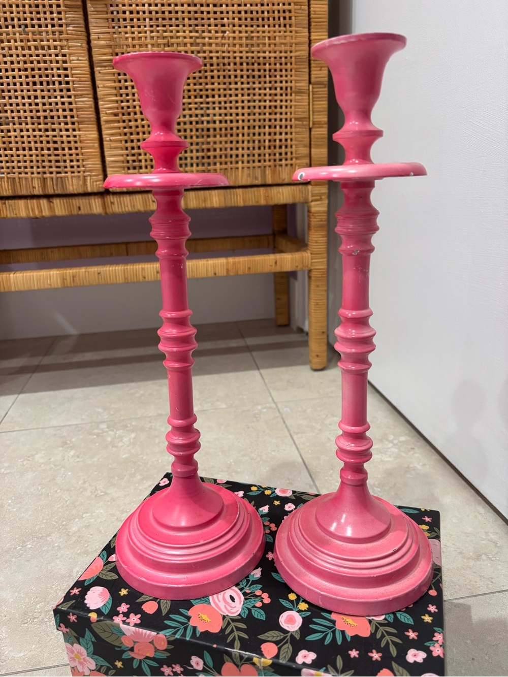 Pink Decorative Wood Candle Holders - Set of 2